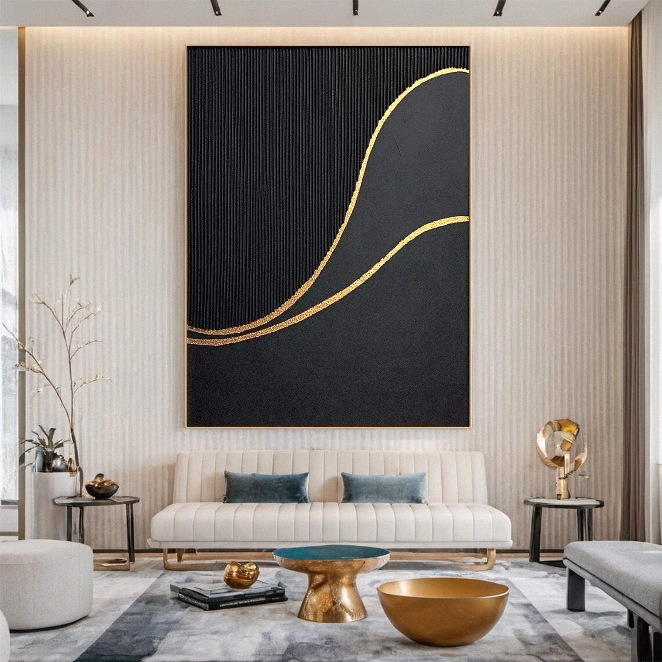 Luxury Waves Black and Gold Abstract Canvas Art #BM 078