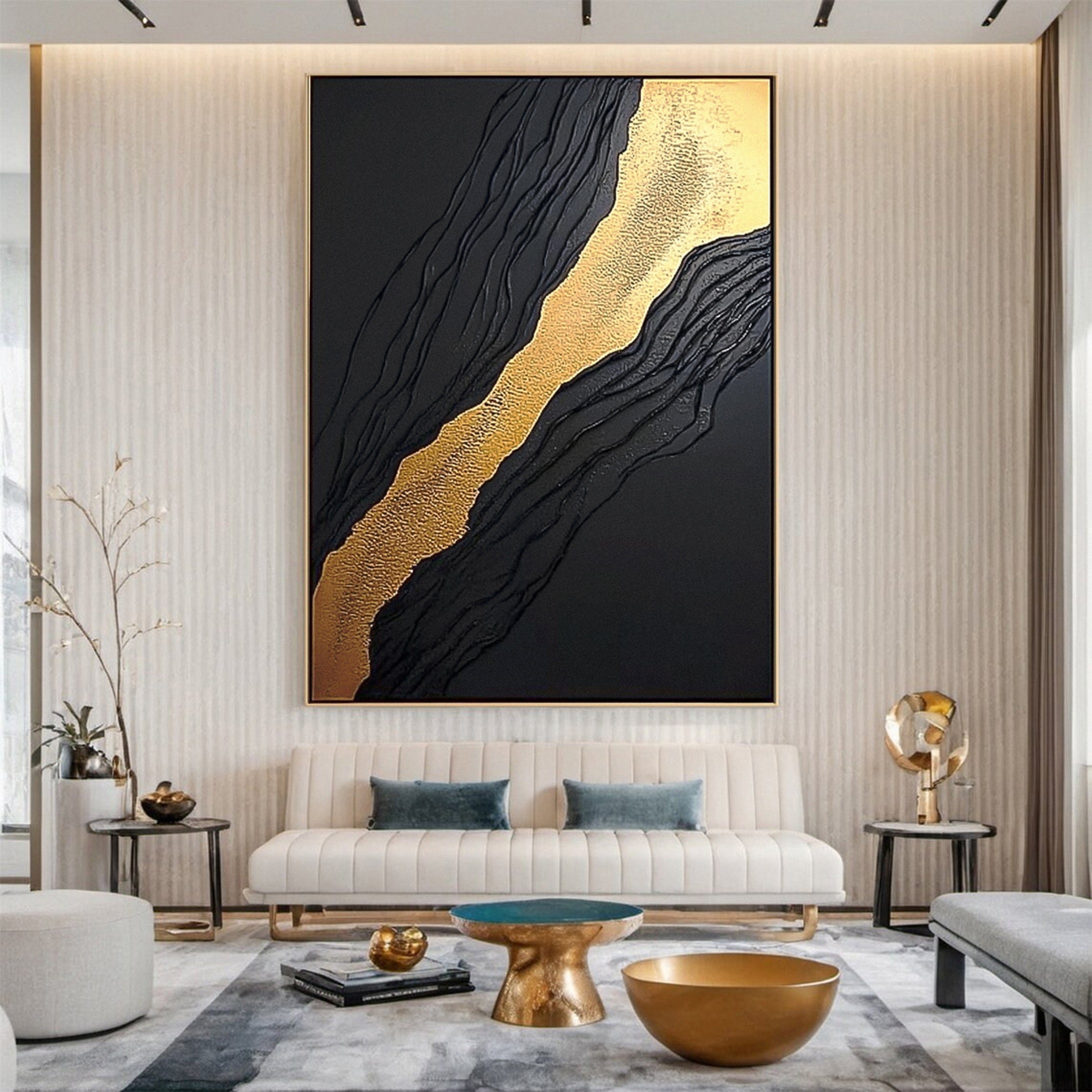 Luxury Waves Black and Gold Abstract Canvas Art #BM 083