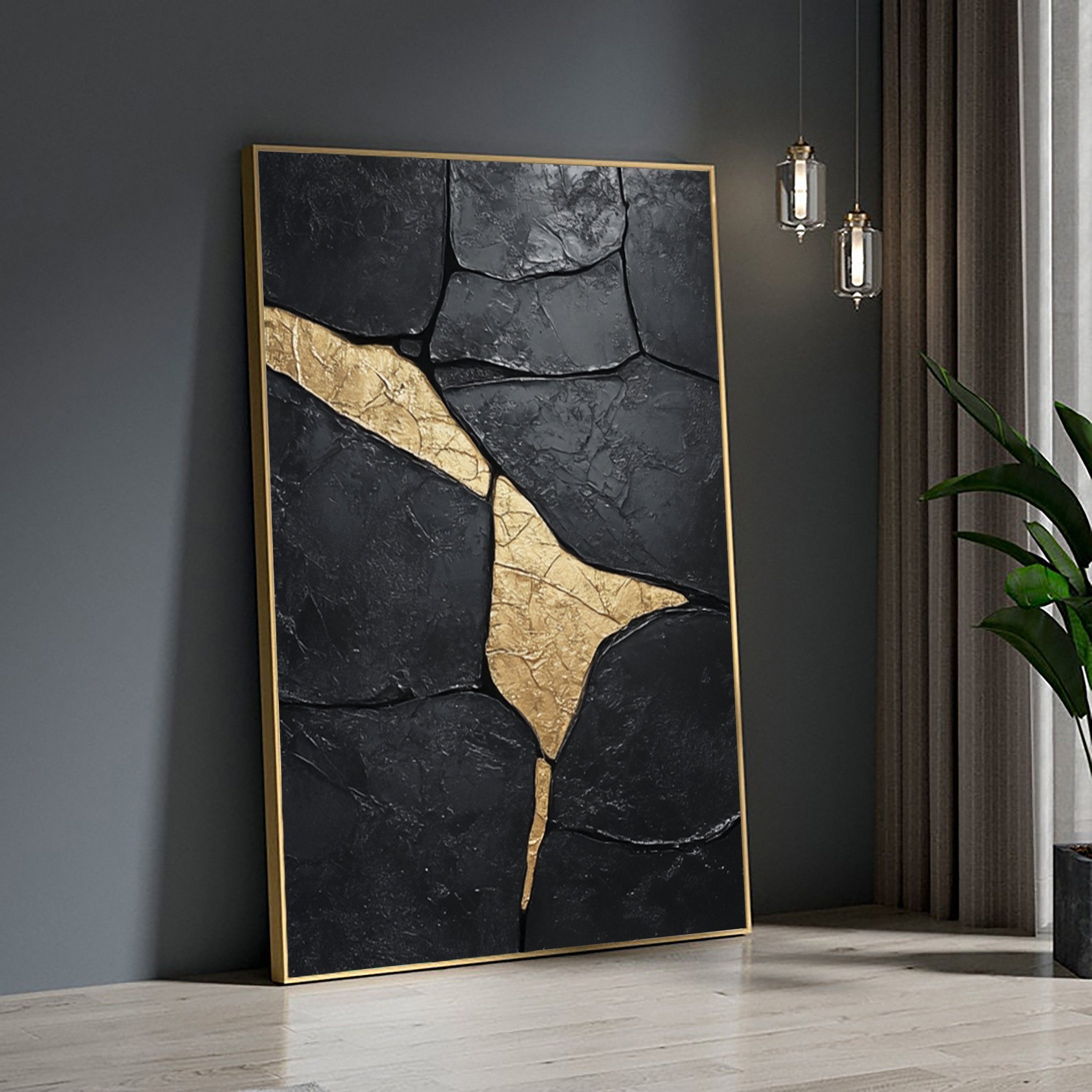 Large Black Textured Canvas with Gold Accents for Room Decor #BM 033