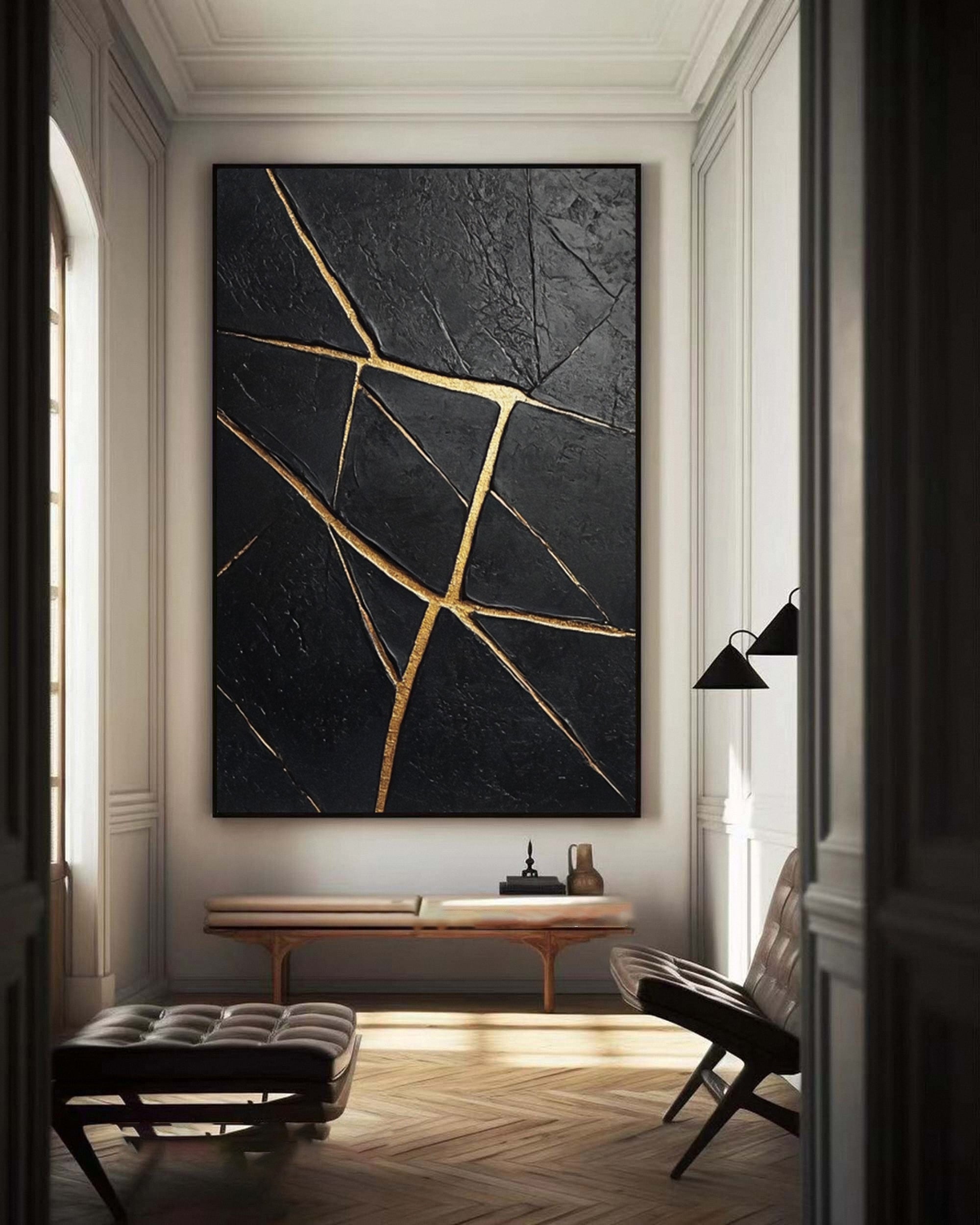 Large Black Textured Canvas with Gold Accents for Room Decor #BM 036