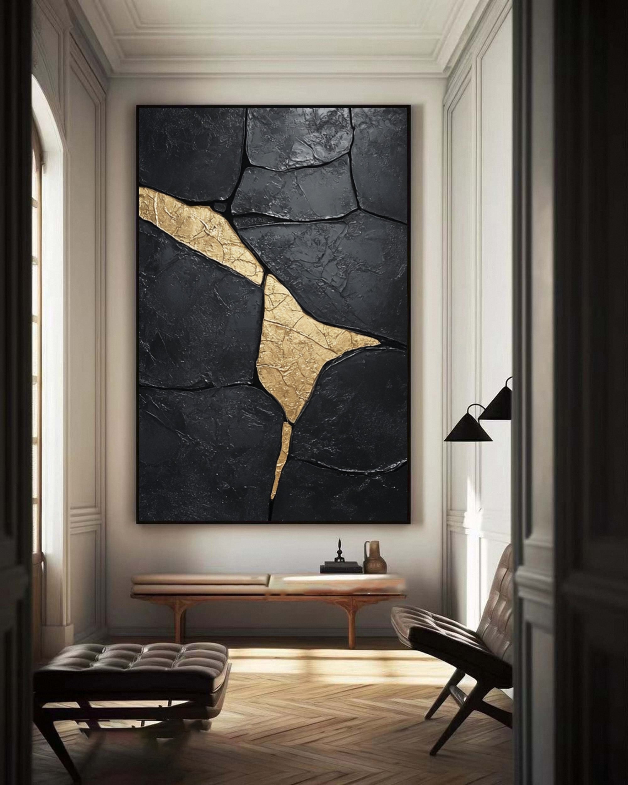 Large Black Textured Canvas with Gold Accents for Room Decor #BM 033