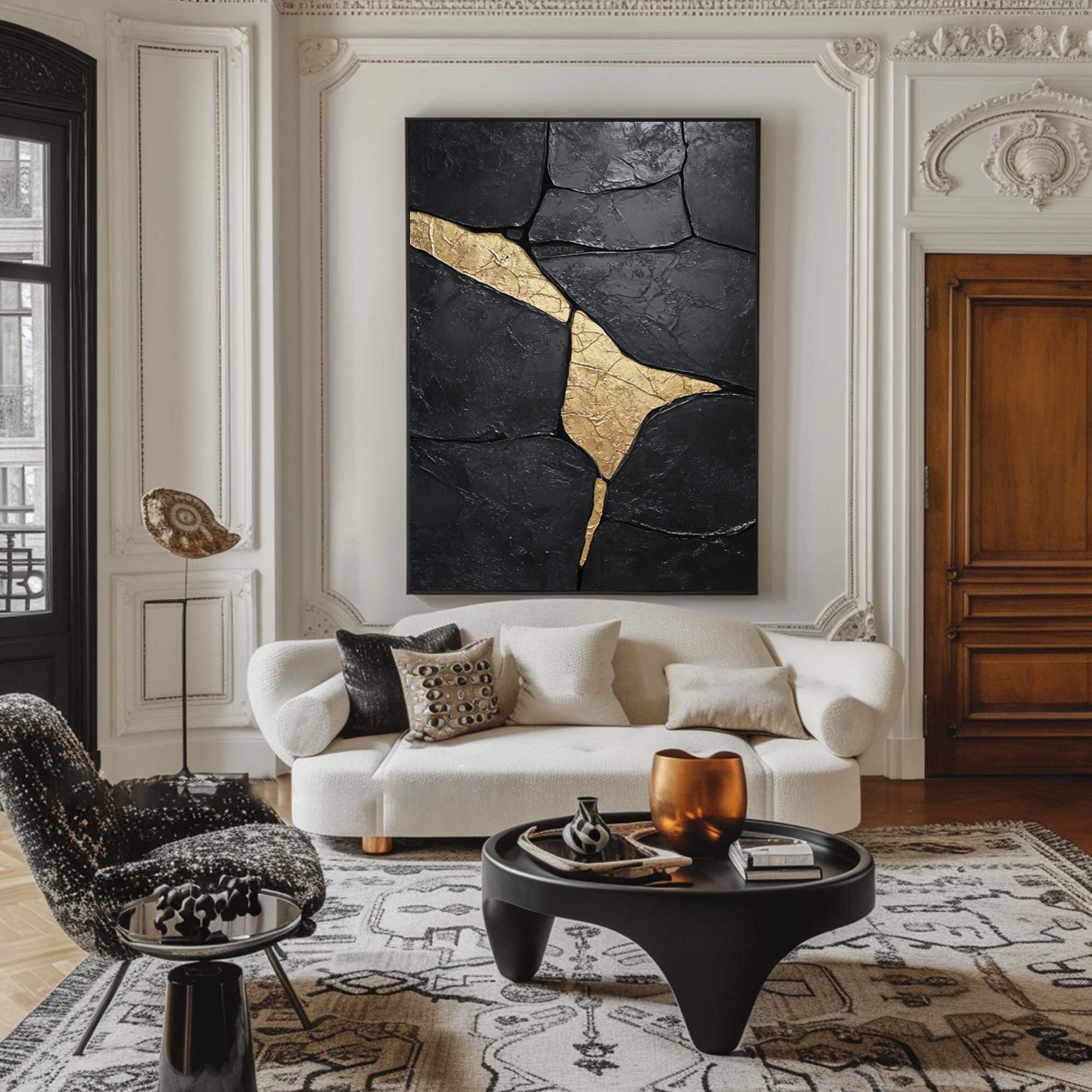 Large Black Textured Canvas with Gold Accents for Room Decor #BM 033