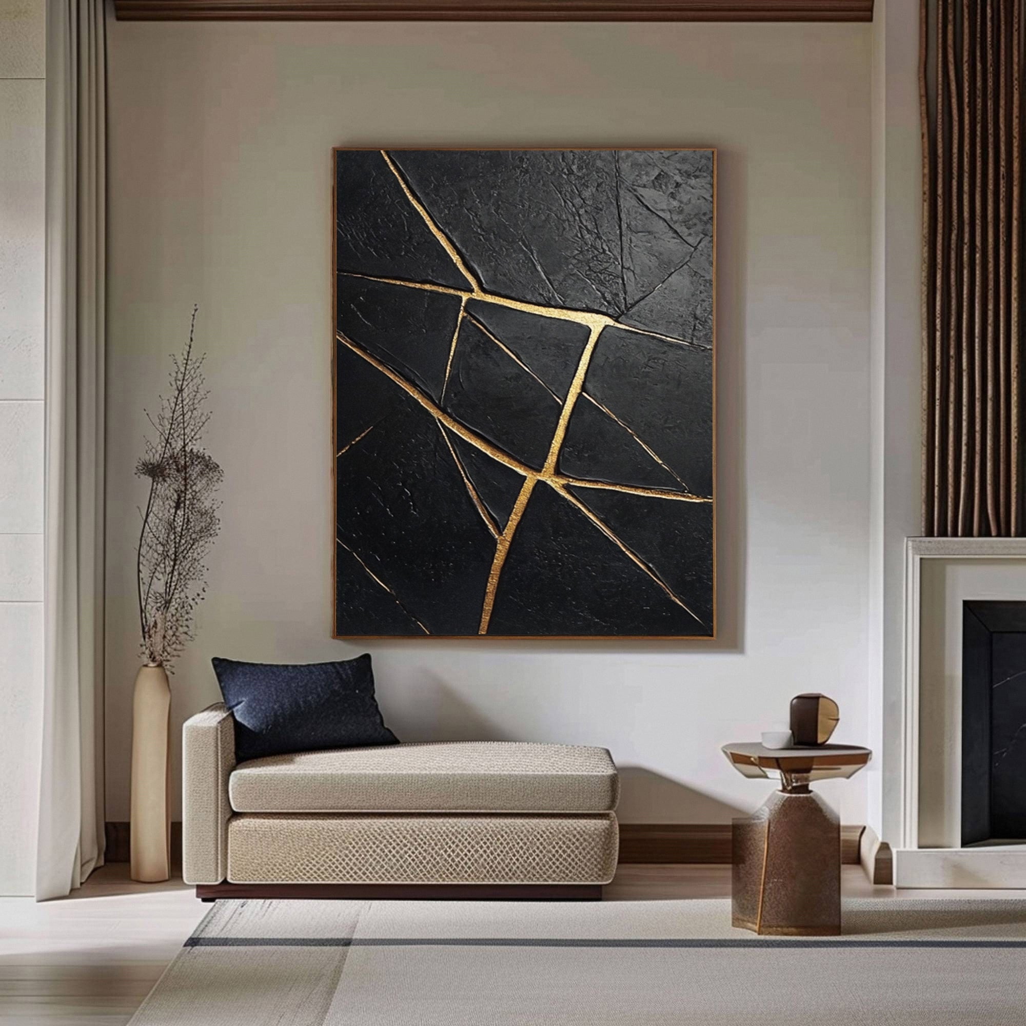 Large Black Textured Canvas with Gold Accents for Room Decor #BM 036