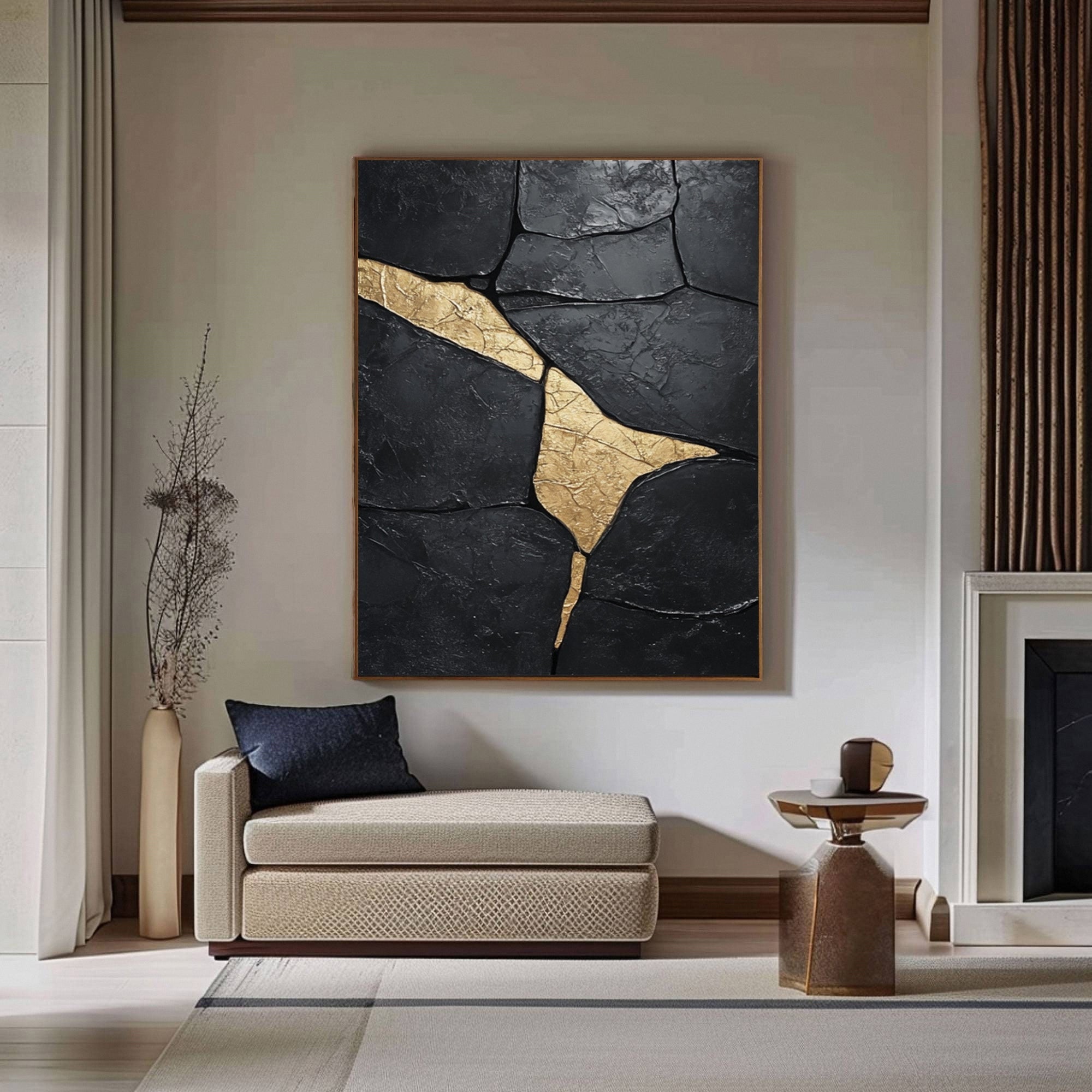 Large Black Textured Canvas with Gold Accents for Room Decor #BM 033