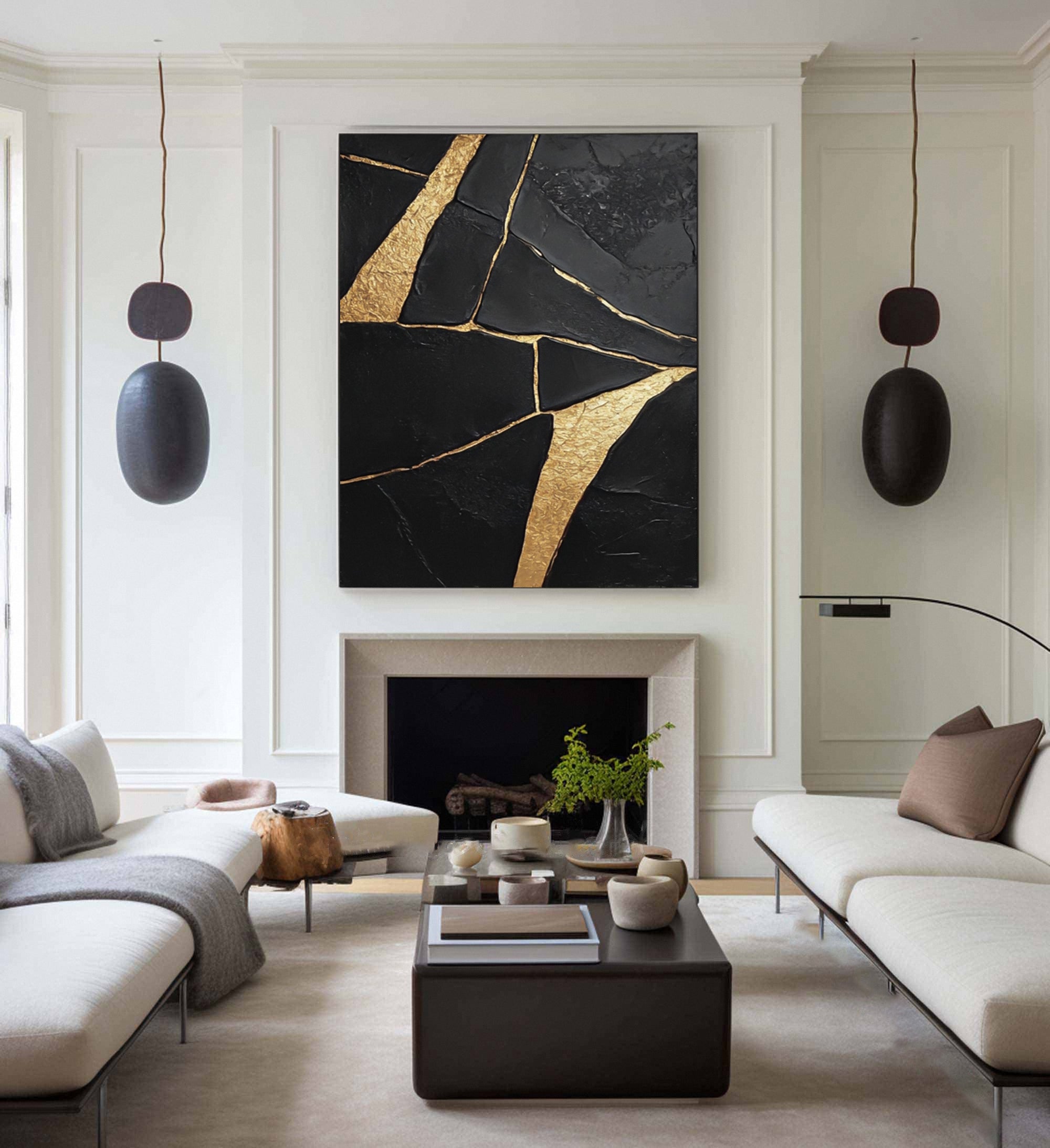 Large Black Textured Canvas with Gold Accents for Room Decor #BM 034