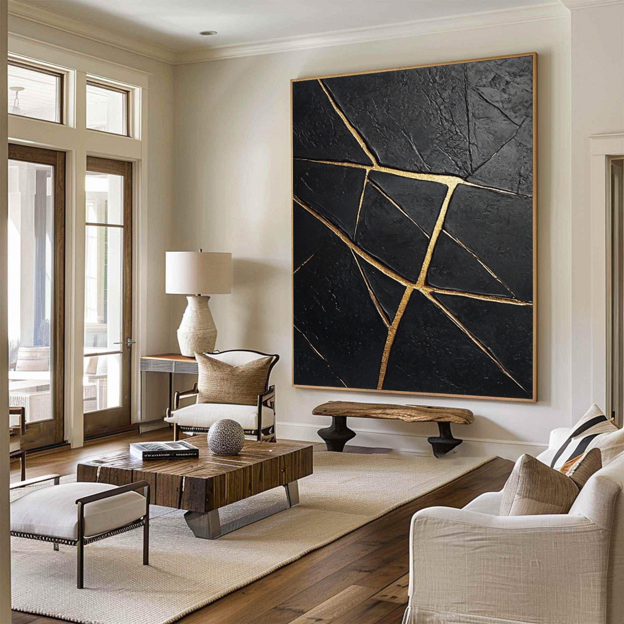 Large Black Textured Canvas with Gold Accents for Room Decor #BM 036