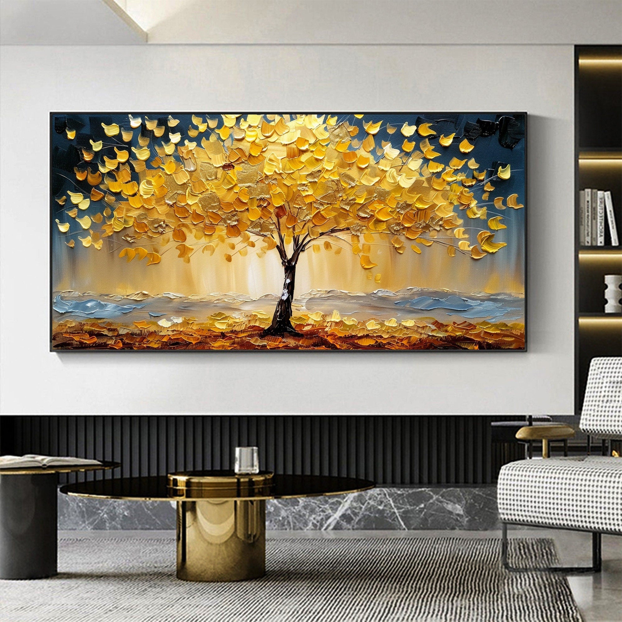 Golden Autumn Bliss Vibrant Tree Oil Painting for Modern Home Decor #FT 041