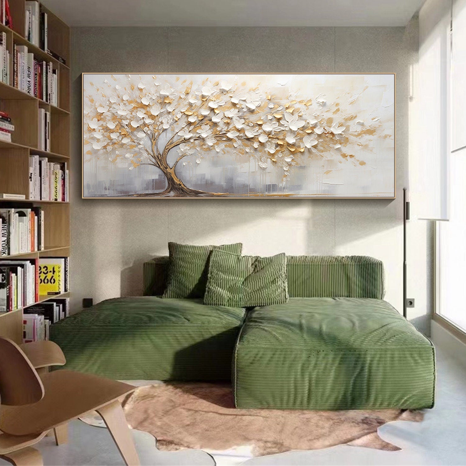 Golden Harmony Textured Tree Canvas for Elegant Bedroom Decor #FT 042