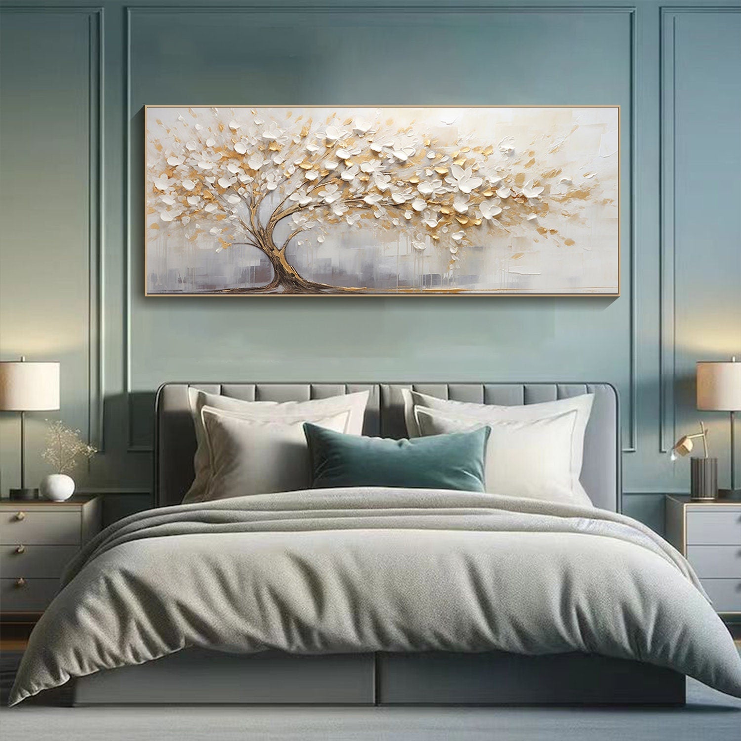 Golden Harmony Textured Tree Canvas for Elegant Bedroom Decor #FT 042