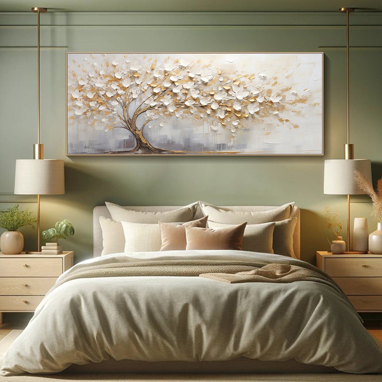 Golden Harmony Textured Tree Canvas for Elegant Bedroom Decor #FT 042