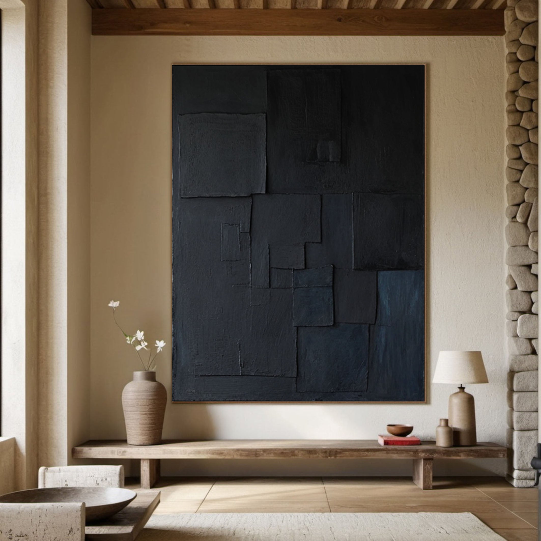 Elegant Minimalist Black Art Abstract Textured Paintings for Chic Interiors #BM 047