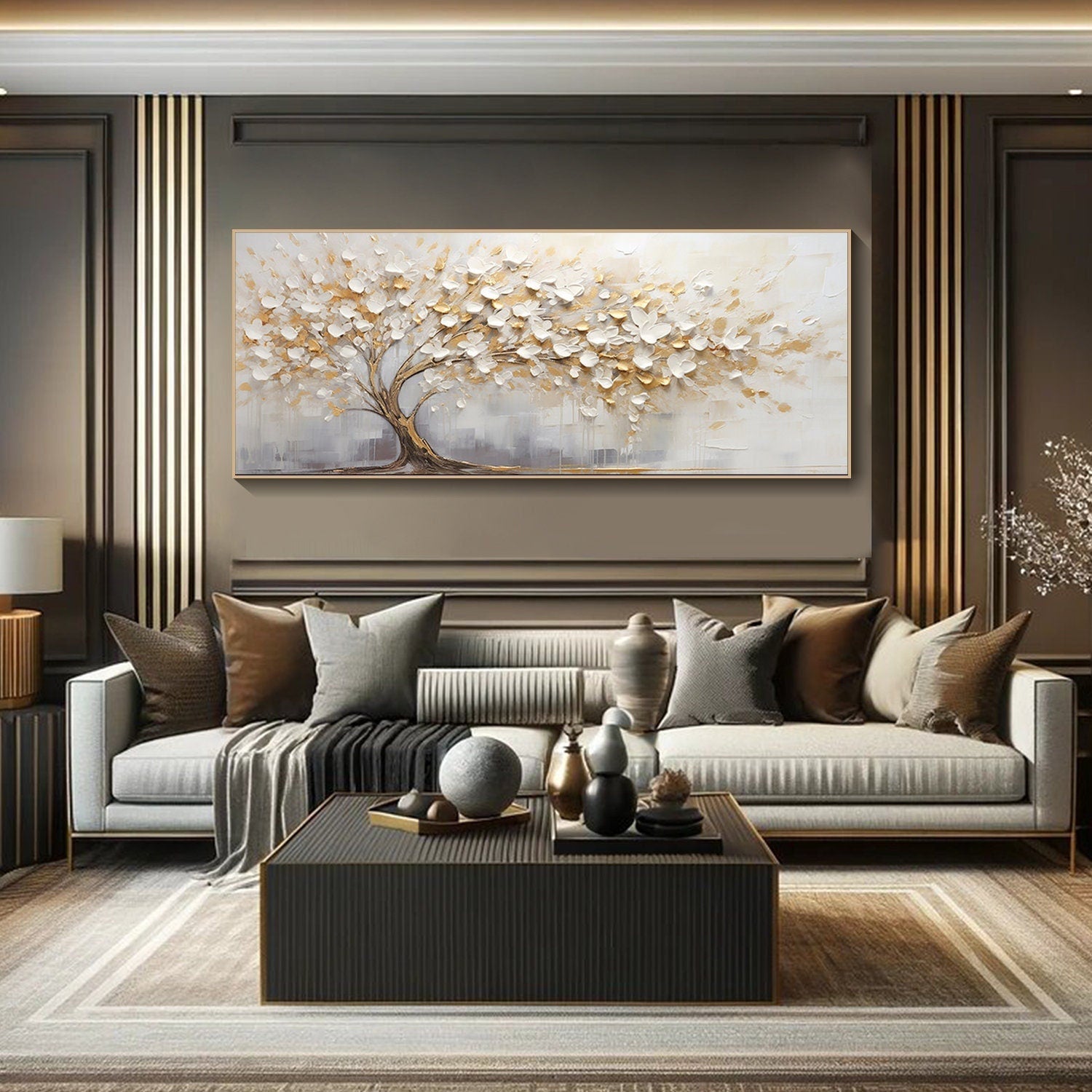 Golden Harmony Textured Tree Canvas for Elegant Bedroom Decor #FT 042